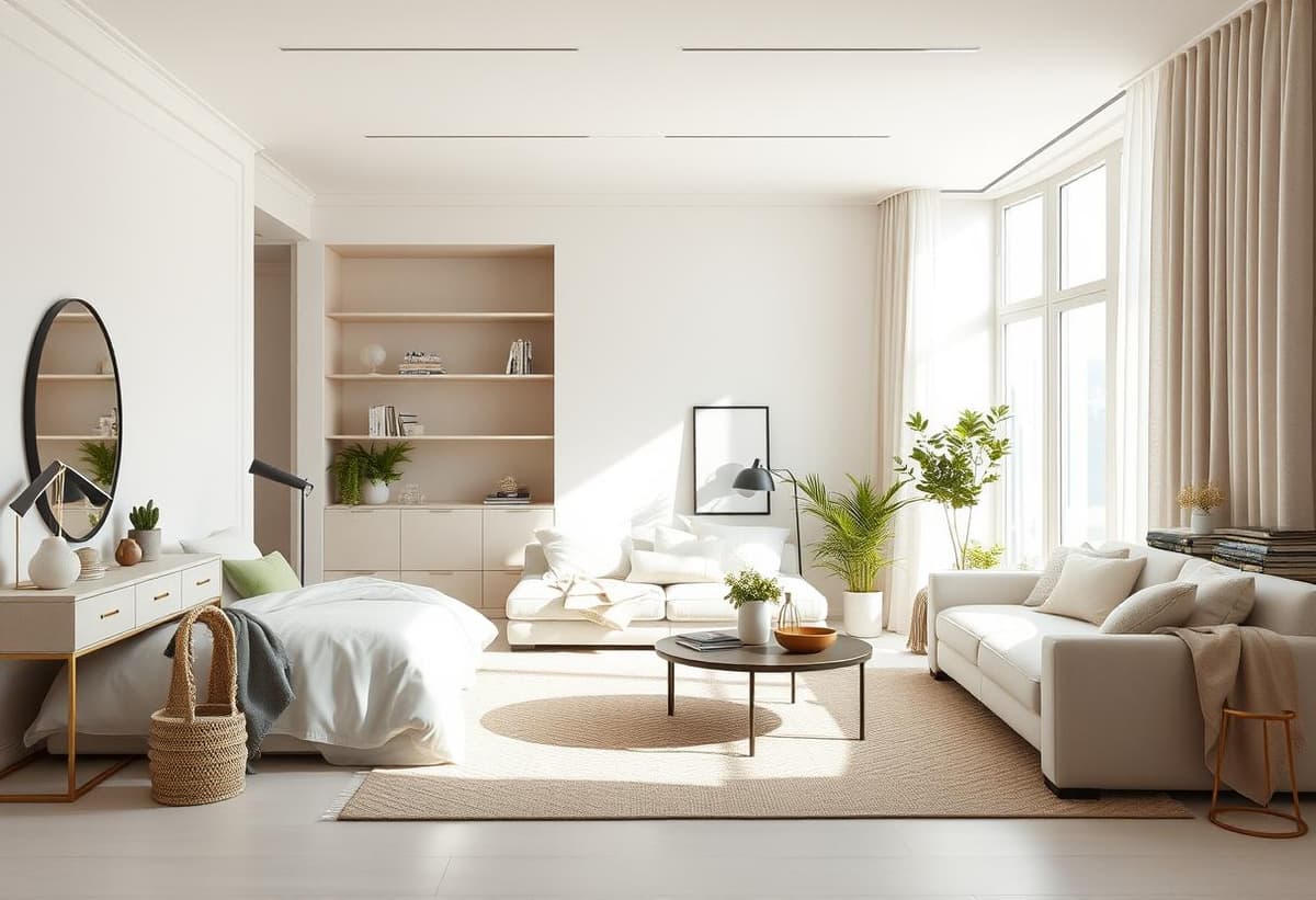 Interior rumah dengan bedding dan sofa