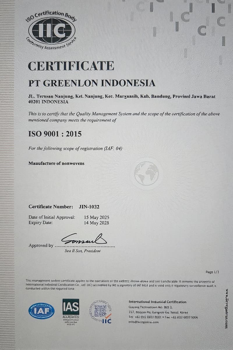 Sertifikat ISO 9001:2015 PT Greenlon Indonesia